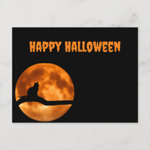 Schwarze Katze unter Orange Moon Postkarte