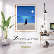 Schwarze Katze unter Vollmond Sternennacht
