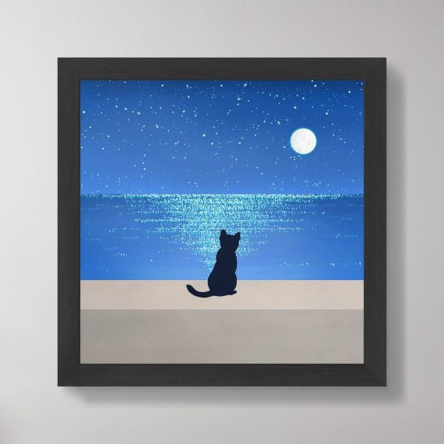 Schwarze Katze unter Vollmond Sternennacht Poster (Black cat under full moon starry night)