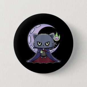 Schwarze Katze Vampir Dracula und magisches Feuer Button