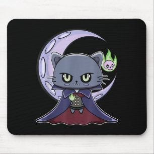 Schwarze Katze Vampir Dracula und magisches Feuer Mousepad