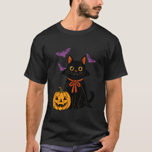Schwarze Katze Vampir Halloween Kürbis Fledermäuse T-Shirt