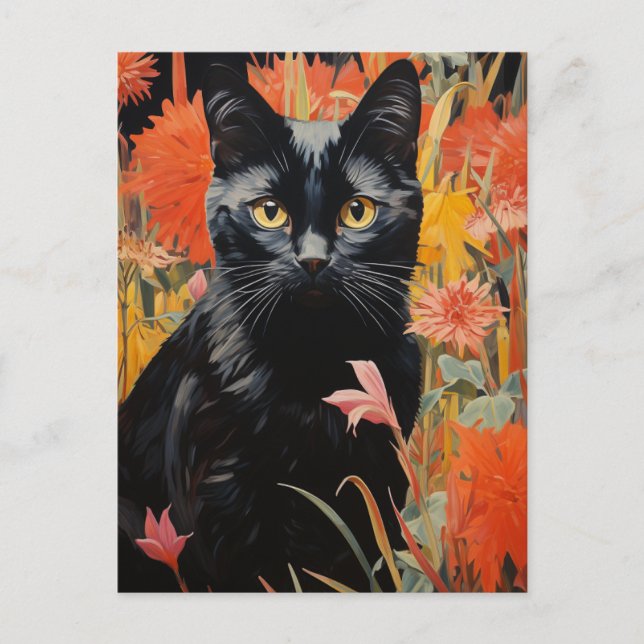 Schwarze Katze Vintage Blume Malerei Postkarte (Vorderseite)