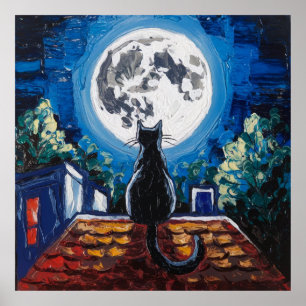 Schwarze Katze Vollmond Dachterrasse Poster