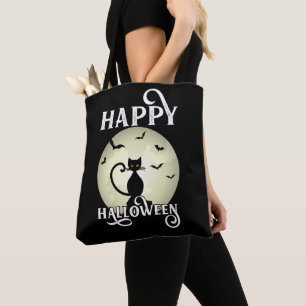 Schwarze Katze Vollmond Fledermäuse Happy Hallowee Tasche
