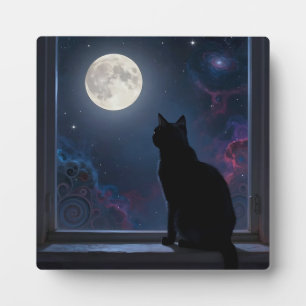 Schwarze Katze Vollmond-Galaxie-Fensterszene Fotoplatte