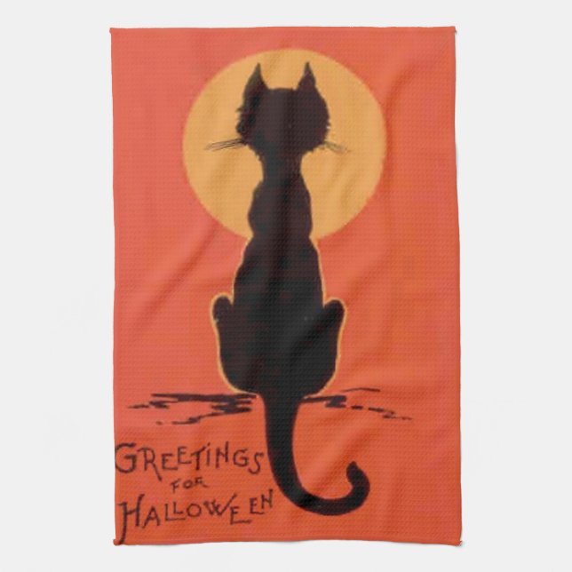 Schwarze Katze Vollmond Gelb Orange Küchentuch (Vertikal)