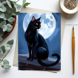 Schwarze Katze | Vollmond-Haustiermalerei Postkarte