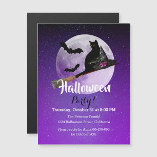Schwarze Katze Vollmond lila Halloween-Party Magneteinladung