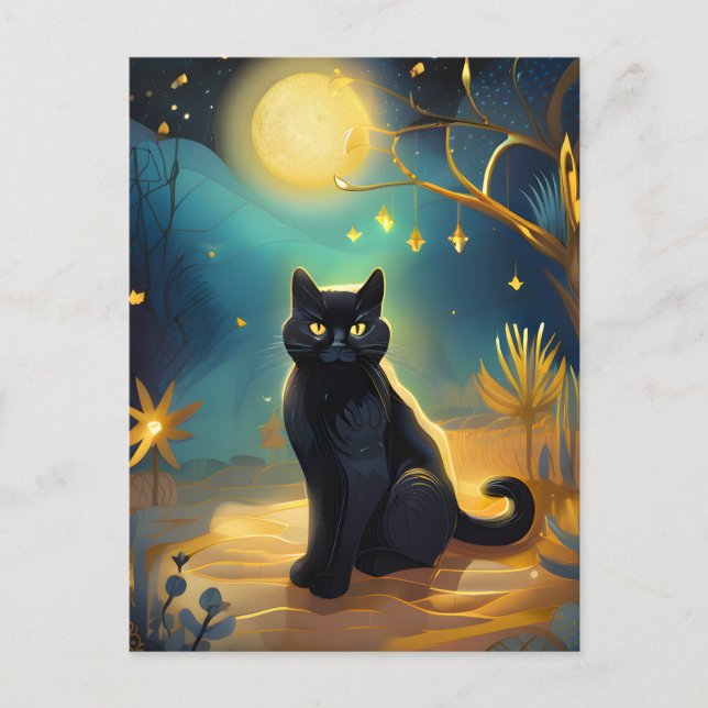 Schwarze Katze Vollmond Postkarte (Vorderseite)