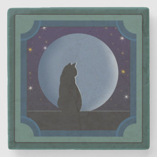 Schwarze Katze, Vollmond, Sterne Steinuntersetzer
