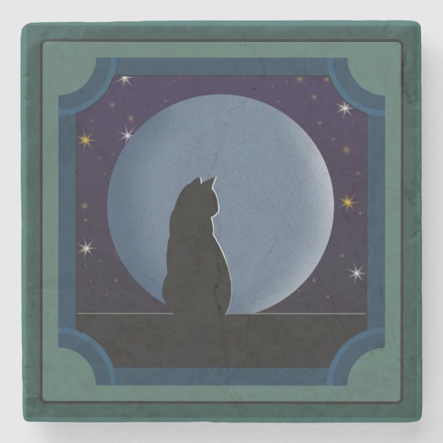 Schwarze Katze, Vollmond, Sterne Steinuntersetzer (Vorderseite)