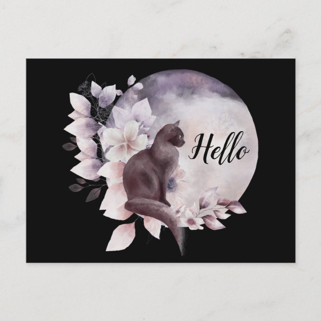 Schwarze Katze von einem magischen Vollmond Hallo Postkarte (Vorderseite)