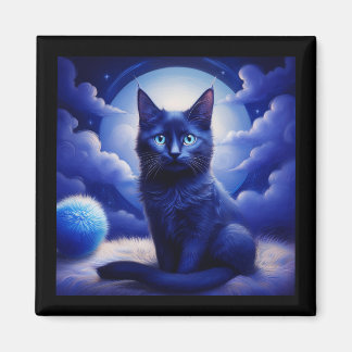 Schwarze Katze vor Mond und weiße Wolken Magnet