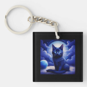 Schwarze Katze vor Mond und weiße Wolken Schlüsselanhänger