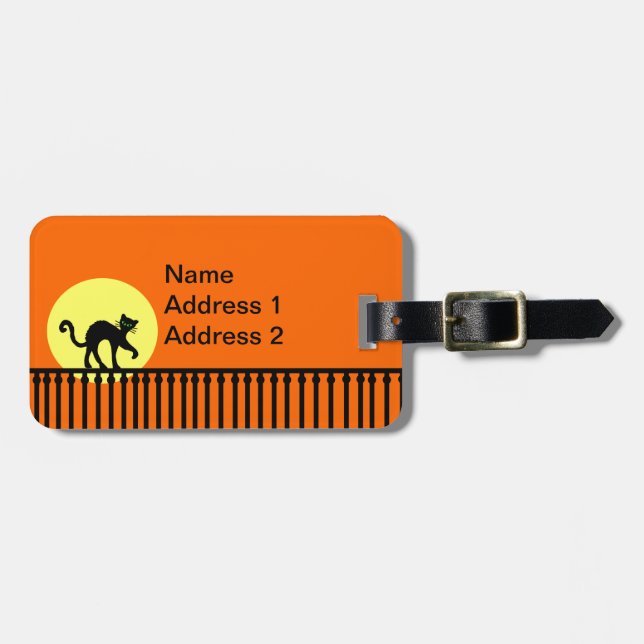 Schwarze Katze Wandern auf Zaun Gelber Mond Orange Gepäckanhänger (Vorderseite horizontal)