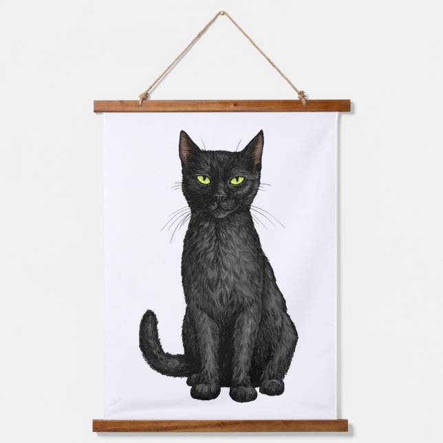 Schwarze Katze Wandteppich Mit Holzrahmen (Vorderseite)