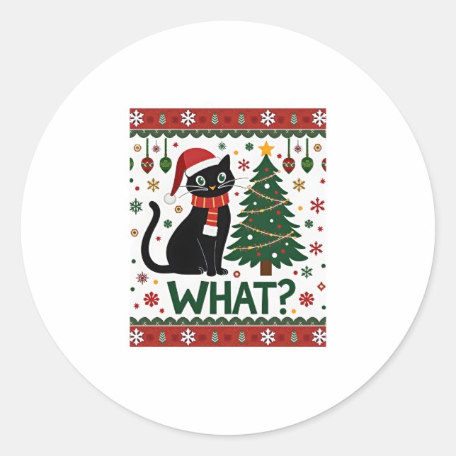Schwarze Katze Was Pushing Weihnachtsbaum Funny Ca Runder Aufkleber (Vorderseite)