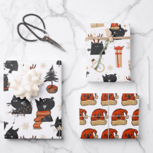 Schwarze Katze Weihnachten 3 Bogen Geschenkpapier  Set