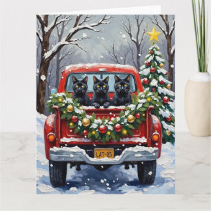 Schwarze Katze Weihnachten Rotes Lastwagen Ferien Karte