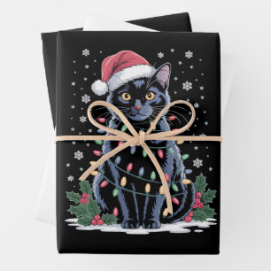 Schwarze Katze Weihnachten Santa Hut Lustige Meowy Geschenkpapier Set