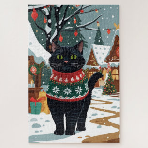 Schwarze Katze Weihnachten Schnee Urlaub