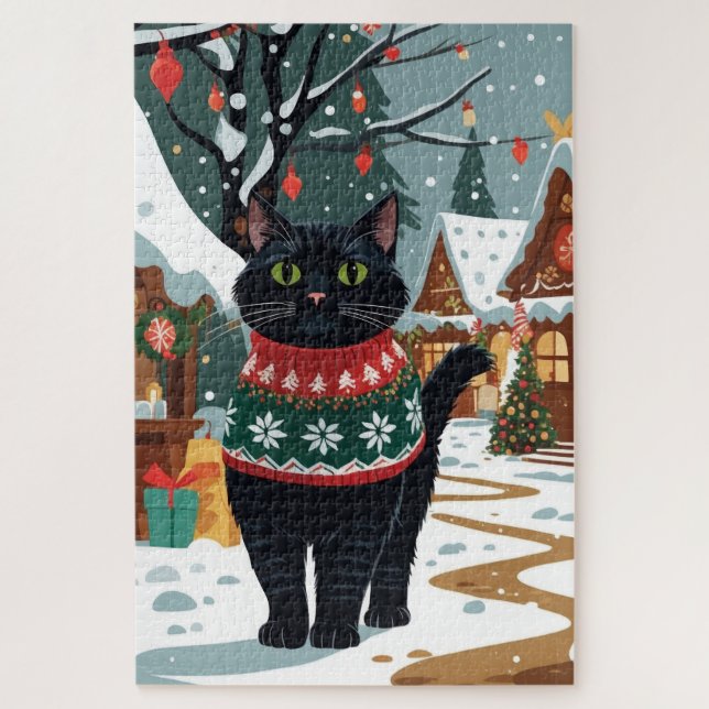 Schwarze Katze Weihnachten Schnee Urlaub (Vertikal)