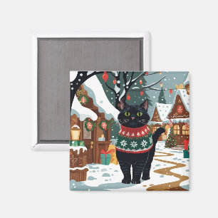Schwarze Katze Weihnachten Schnee Urlaub Magnet