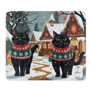Schwarze Katze Weihnachten Schnee Urlaub Schneidebrett