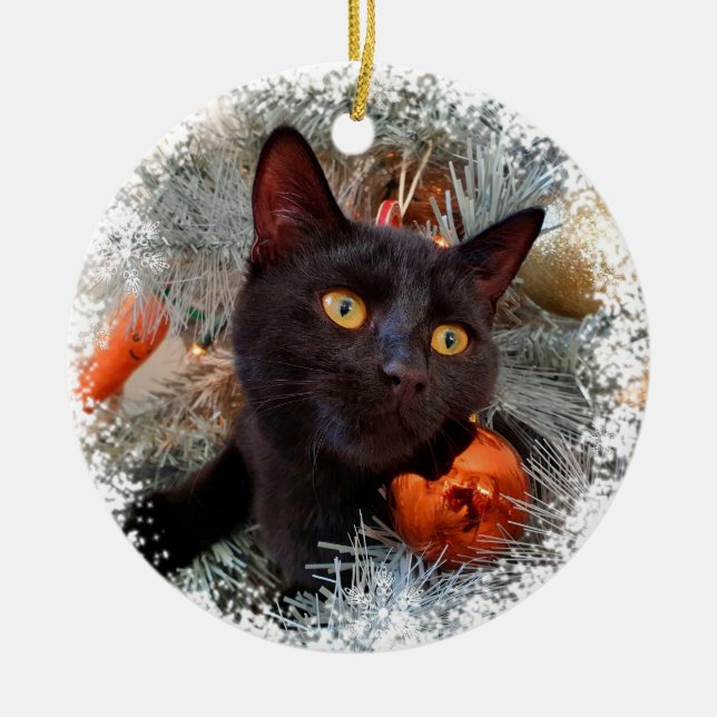 Schwarze Katze, Weihnachtsbaum Keramik Ornament (Vorne)