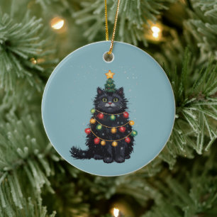 Schwarze Katze Weihnachtsbaum Ölbild verändert  Keramik Ornament