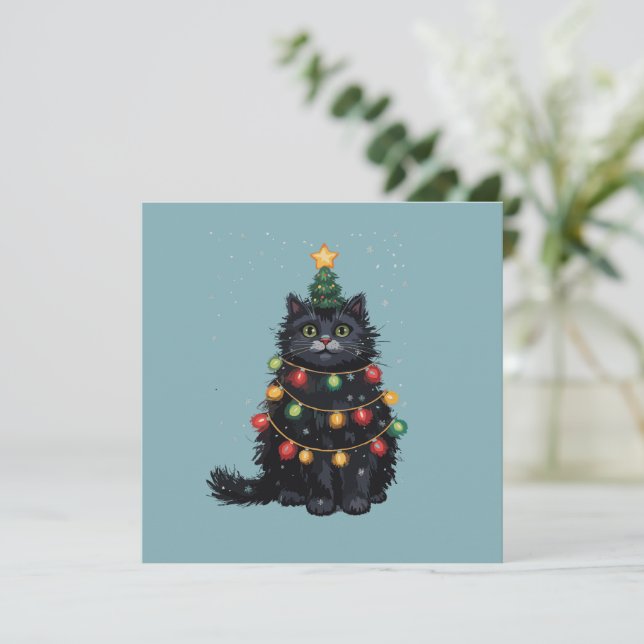 Schwarze Katze Weihnachtsbaum Ölgemälde verändert Feiertagskarte (Stehend Vorderseite)