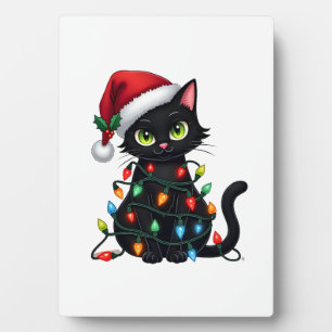 Schwarze Katze Weihnachtsbeleuchtung Weihnachtsman Fotoplatte