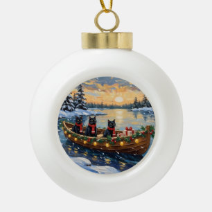 Schwarze Katze Weihnachtsboot Urlaub Keramik Kugel-Ornament