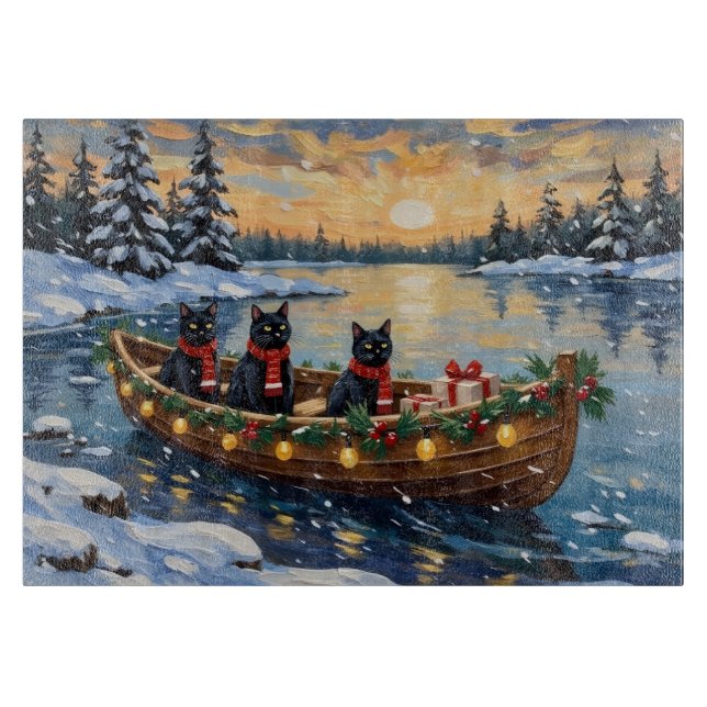Schwarze Katze Weihnachtsboot Urlaub Schneidebrett (Vorderseite)