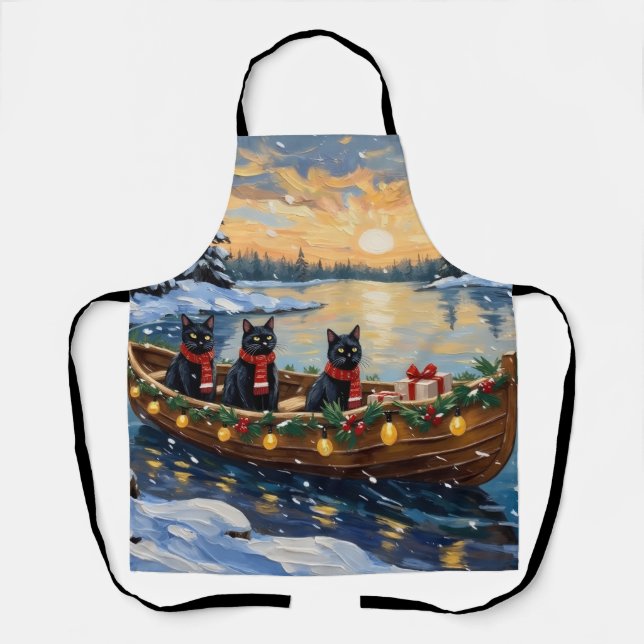 Schwarze Katze Weihnachtsboot Urlaub Schürze (Vorderseite)