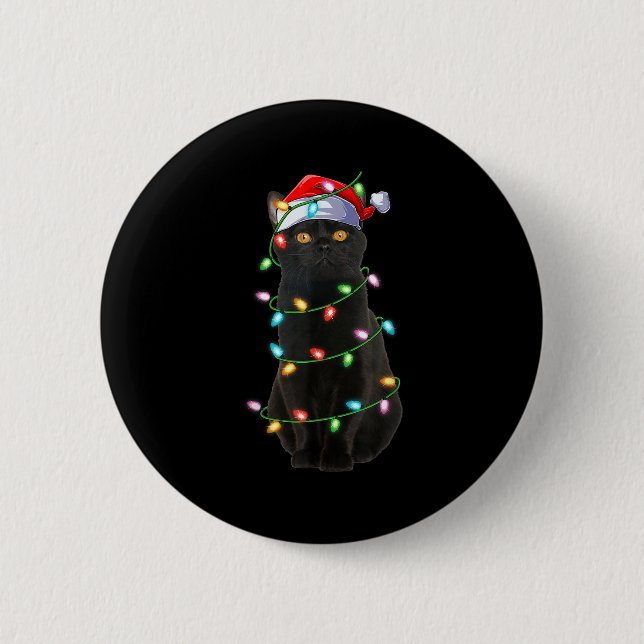 Schwarze Katze Weihnachtslichter Lustige Santa Hut Button (Vorderseite)