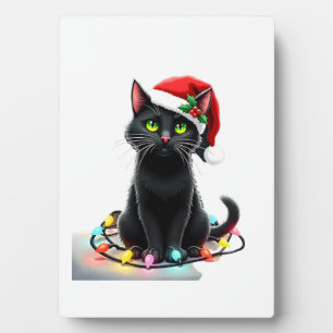 Schwarze Katze Weihnachtslichter Santa Hut Lustige Fotoplatte