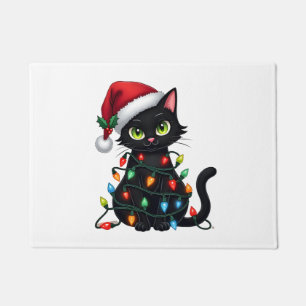 Schwarze Katze Weihnachtslichter Santa Hut Lustige Fußmatte