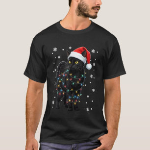 Schwarze Katze Weihnachtslichter Santa Hut Urlaub T-Shirt