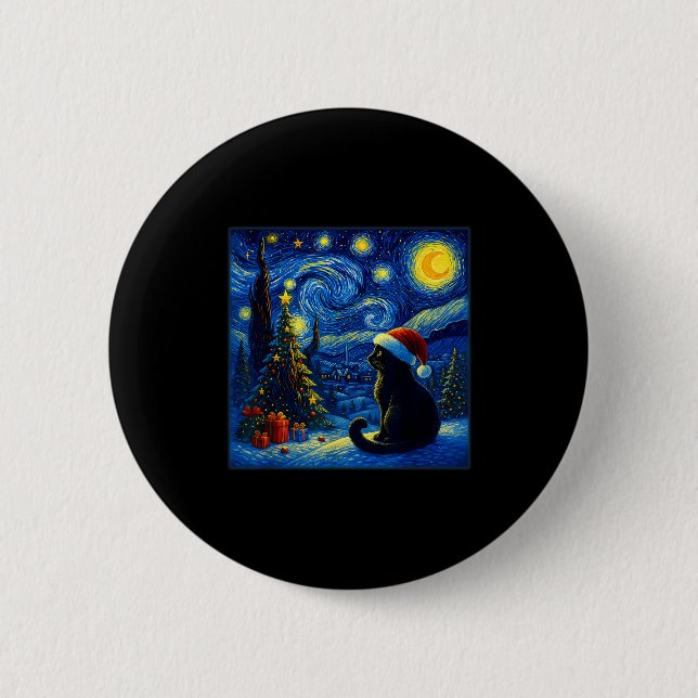 Schwarze Katze Weihnachtsmann Hut Van Gogh Sternen Button (Vorderseite)