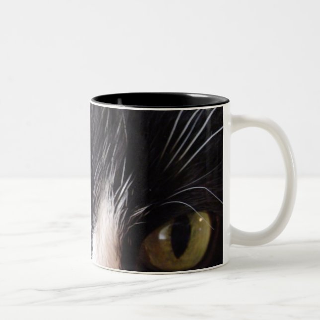 Schwarze Katze, weiße Bärte, grüne Augen Zweifarbige Tasse (Rechts)
