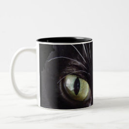 Schwarze Katze, weiße Bärte, grüne Augen Zweifarbige Tasse