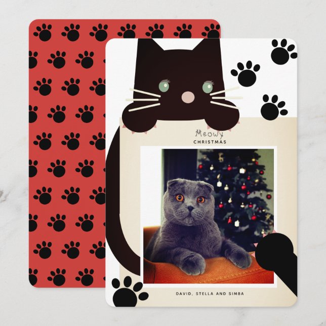Schwarze Katze Weiße Weihnachtskarte Foto Weihnach Einladung (Vorne/Hinten)