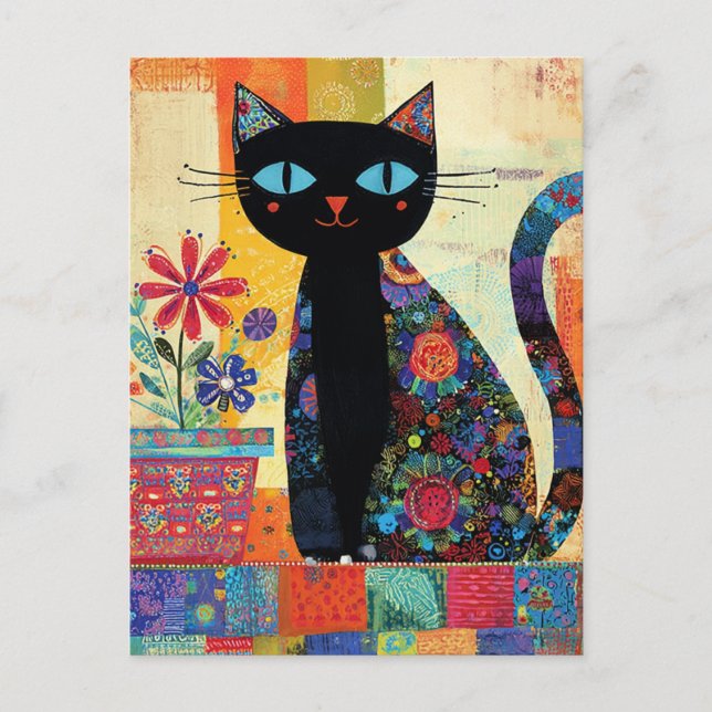 Schwarze Katze Whimsical Kunst Postkarte (Vorderseite)