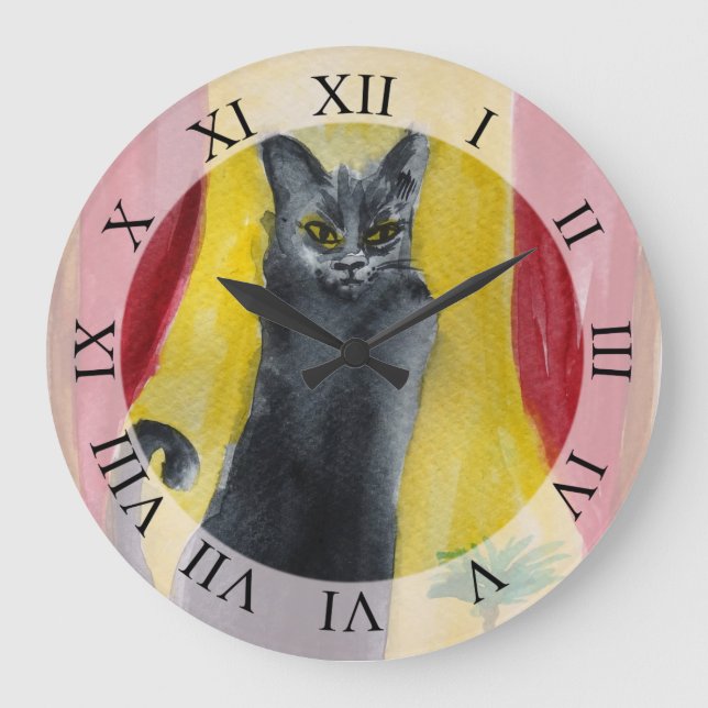Schwarze Katze zeichnend Große Wanduhr (Vorderseite)