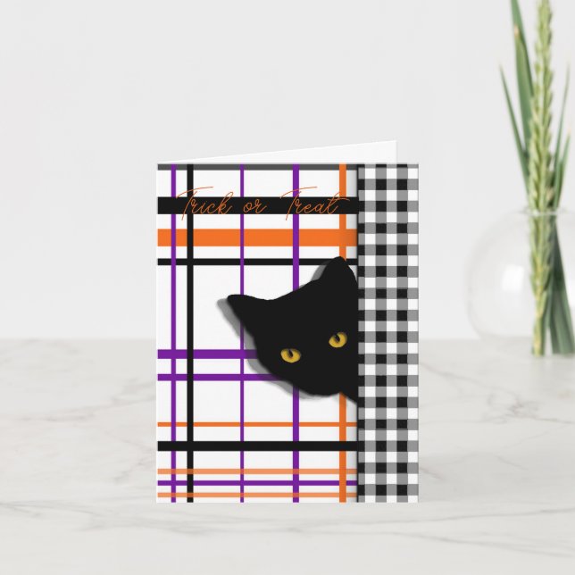 Schwarze Katze zu Halloween Kariert und Karo Karte (Vorderseite)