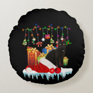 Schwarze Katze zu Weihnachten Rundes Kissen