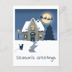 Schwarze Katze Zuhause in Snowy Night mit Santa Feiertagspostkarte