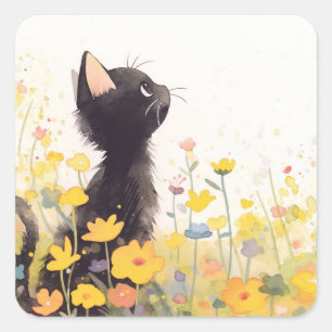 Schwarze Katze zwischen den Blumen Quadratischer Aufkleber